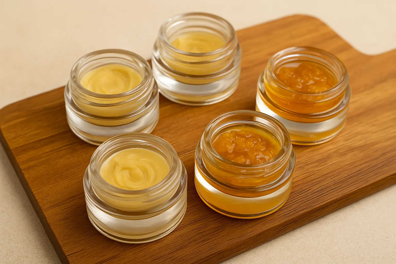 Five small glass jars containing different types of yellow and amber creams or gels arranged on a wooden board